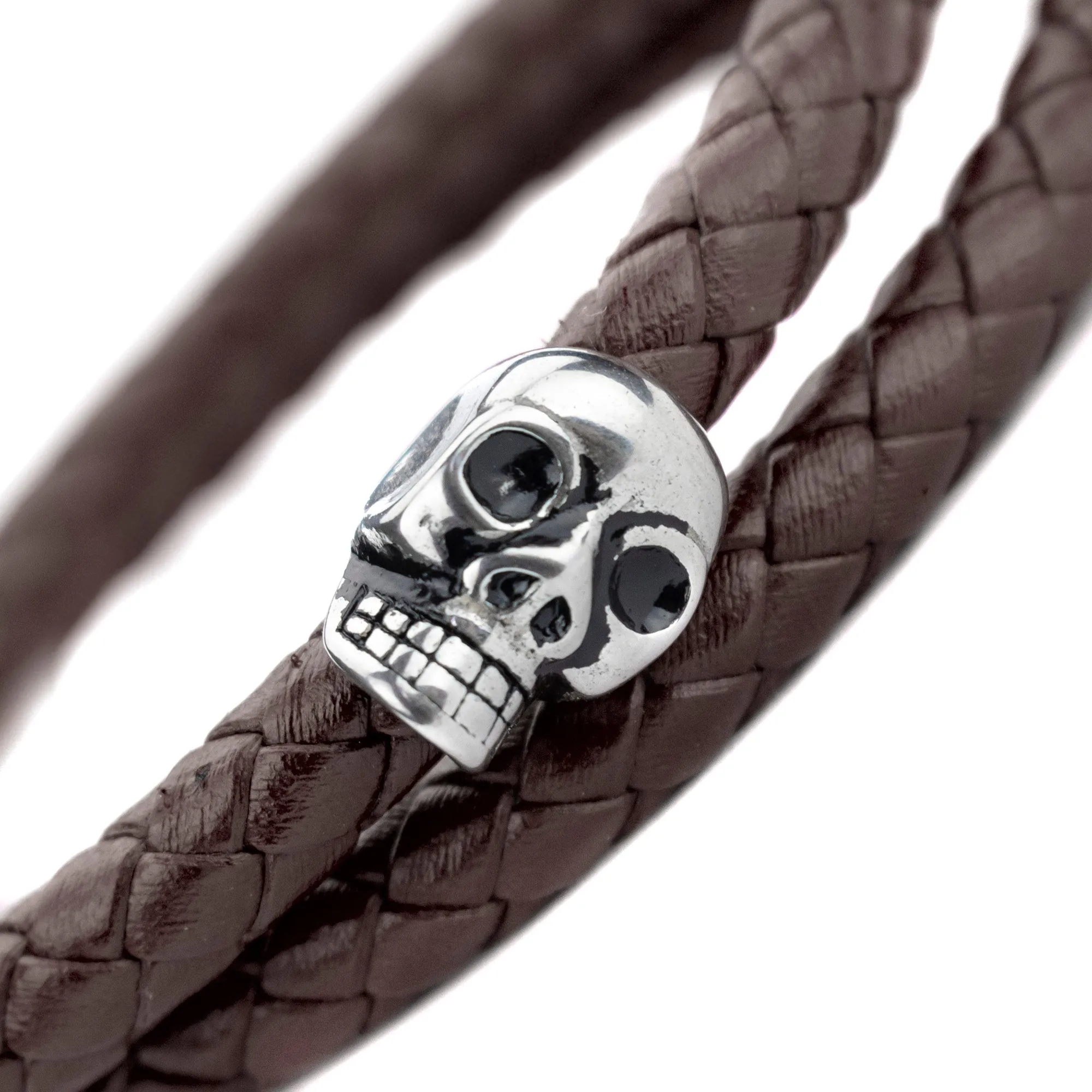 Brazalete Piel Trenzada 2 Calaveras - Cafe