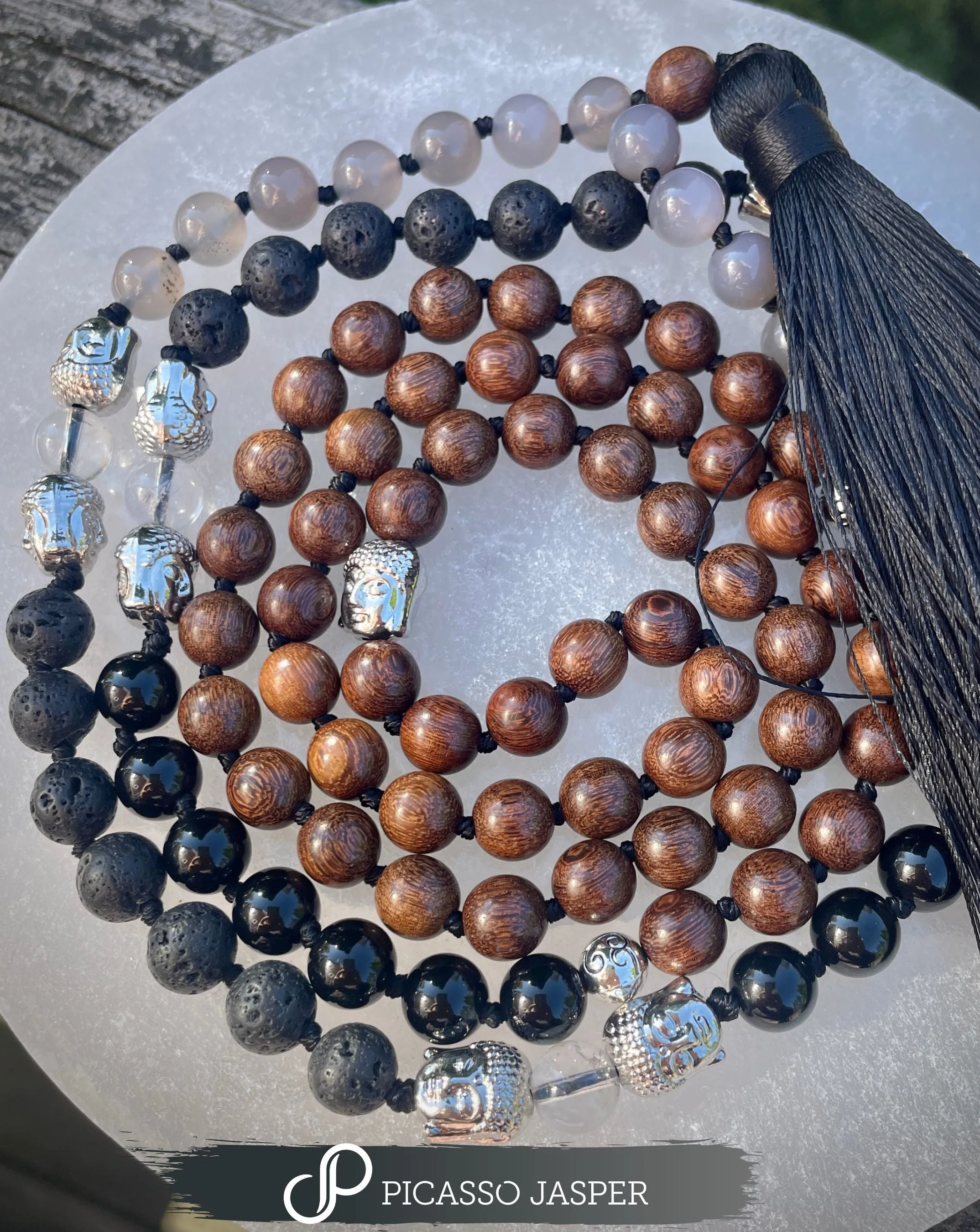 Grey Agate, Lava, Obsidian & Crystal Agarwood 8 mm Mala, Root Chakra: I AM grounded, safe   secure