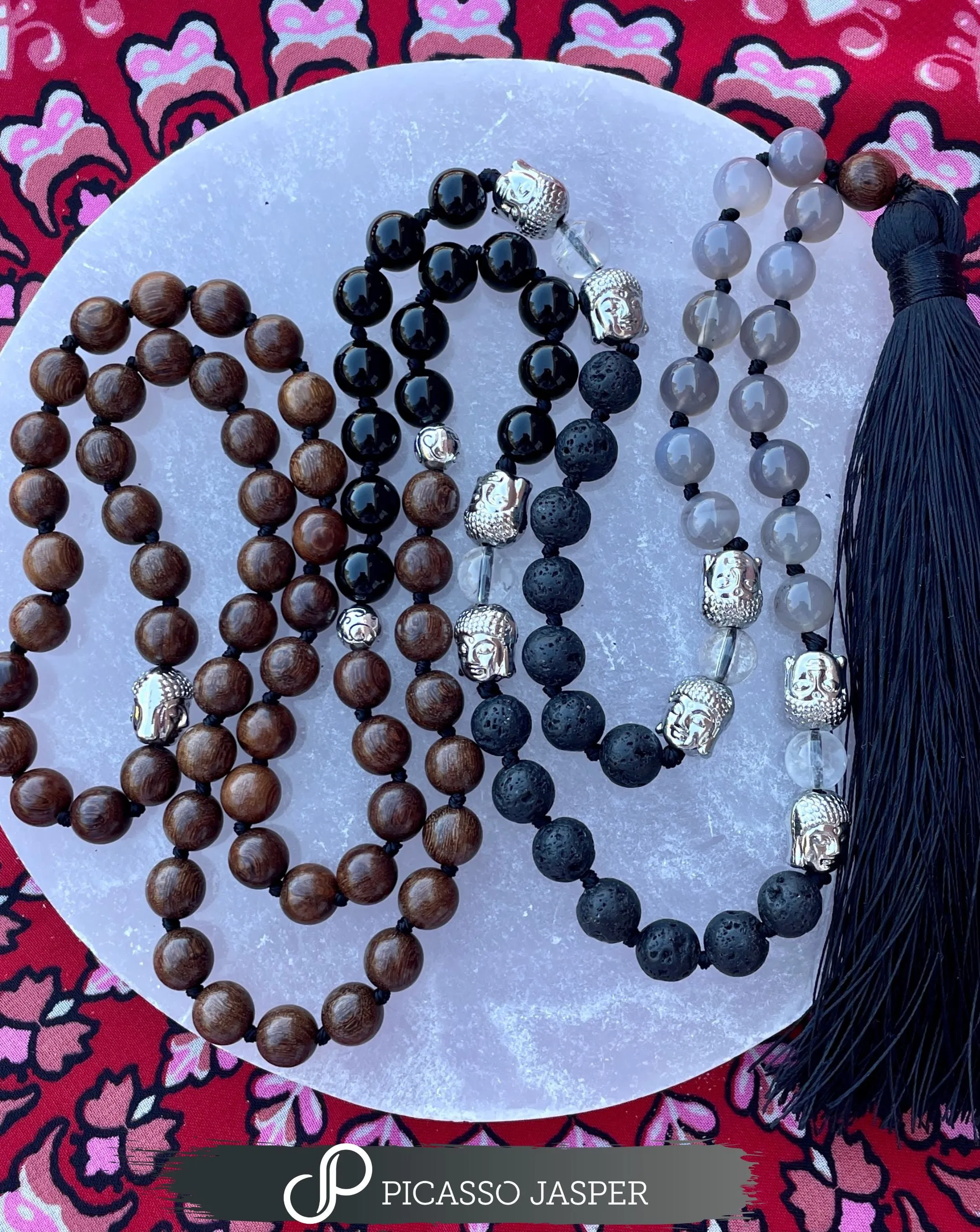 Grey Agate, Lava, Obsidian & Crystal Agarwood 8 mm Mala, Root Chakra: I AM grounded, safe   secure