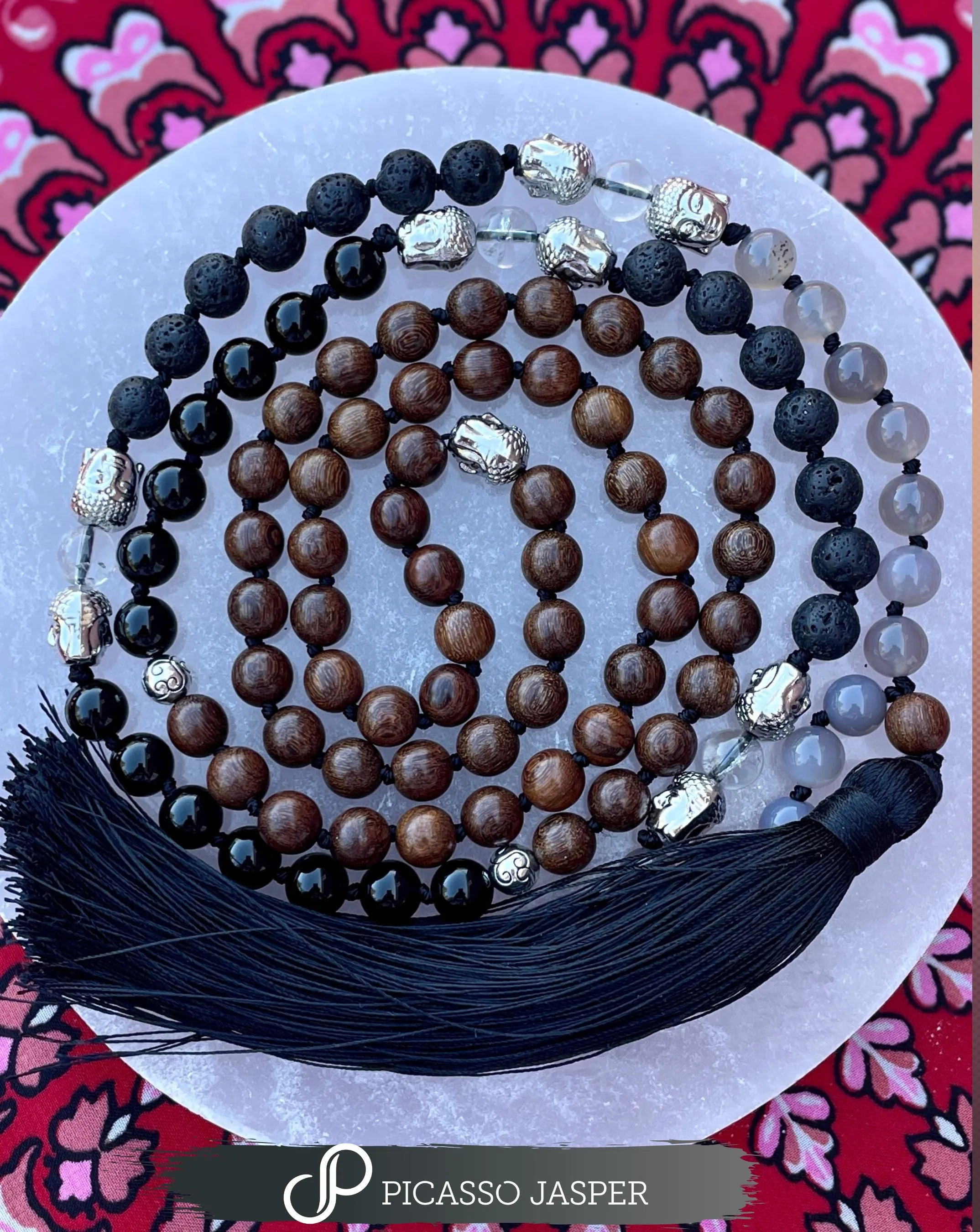 Grey Agate, Lava, Obsidian & Crystal Agarwood 8 mm Mala, Root Chakra: I AM grounded, safe   secure