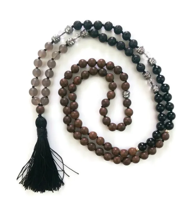 Grey Agate, Lava, Obsidian & Crystal Agarwood 8 mm Mala, Root Chakra: I AM grounded, safe   secure