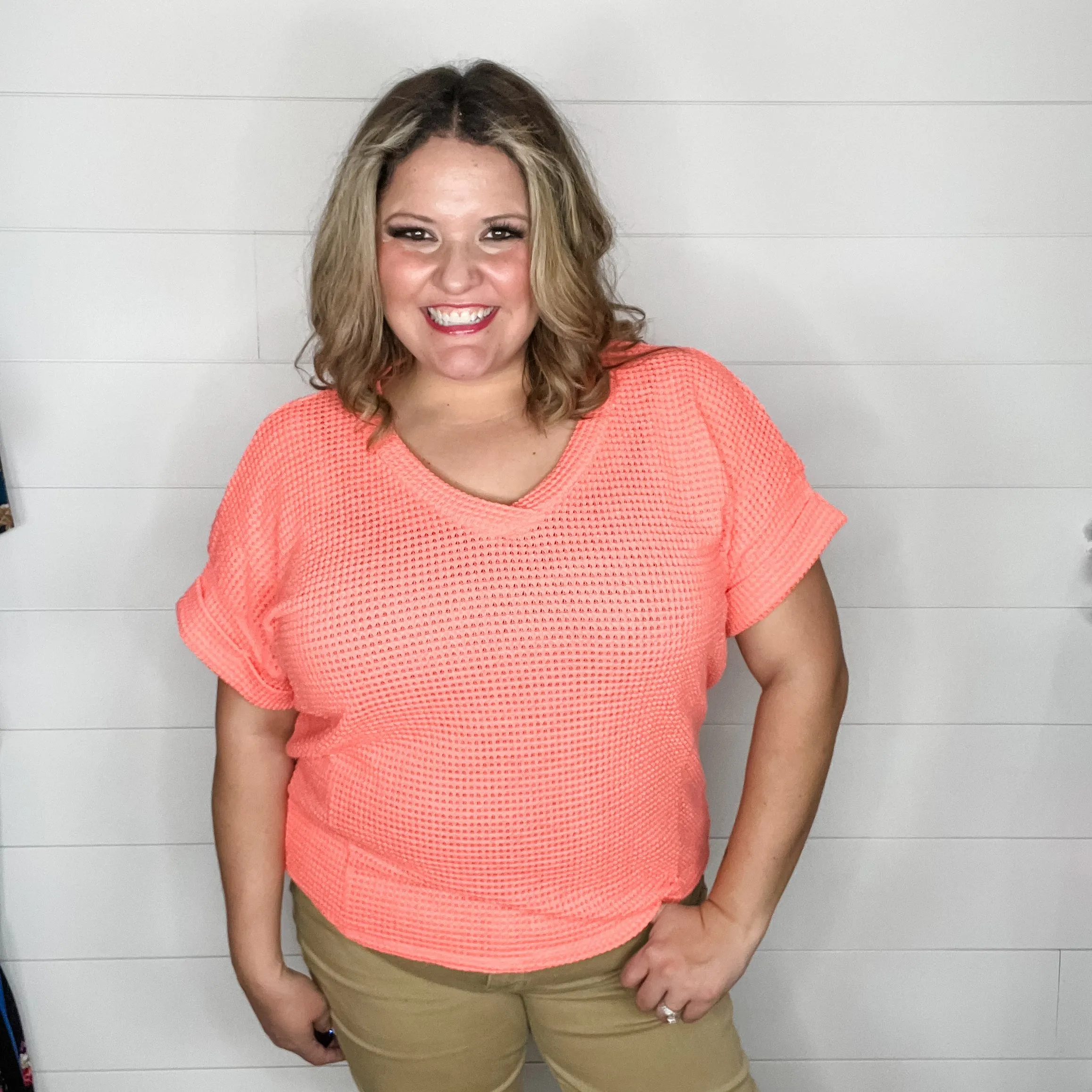 "Honeycomb" Cuffed Short Sleeve Waffle Texture Top (Neon Coral)