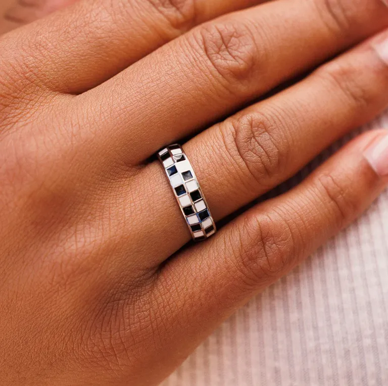 Silver Black and White Puravida Checkerboard Ring